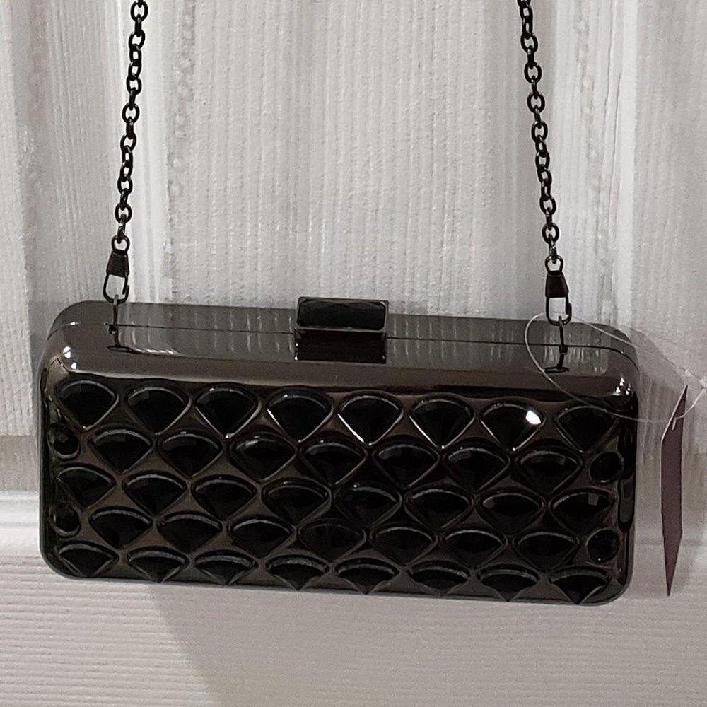 Women's Black Crystal Gray Metal Clutch, Evening Bags with Chain strap